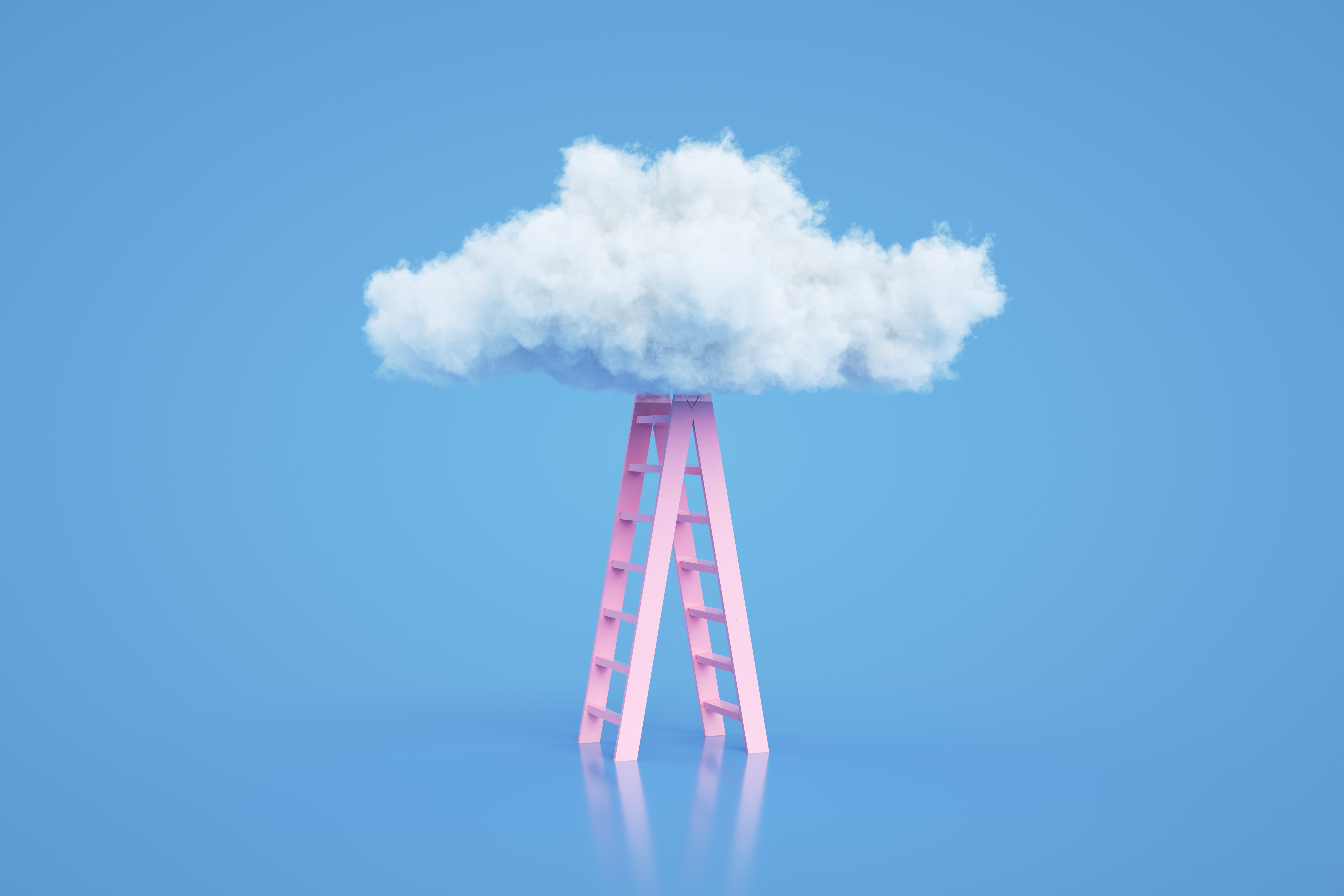 Pink ladder underneath a fluffy white cloud in light blue setting