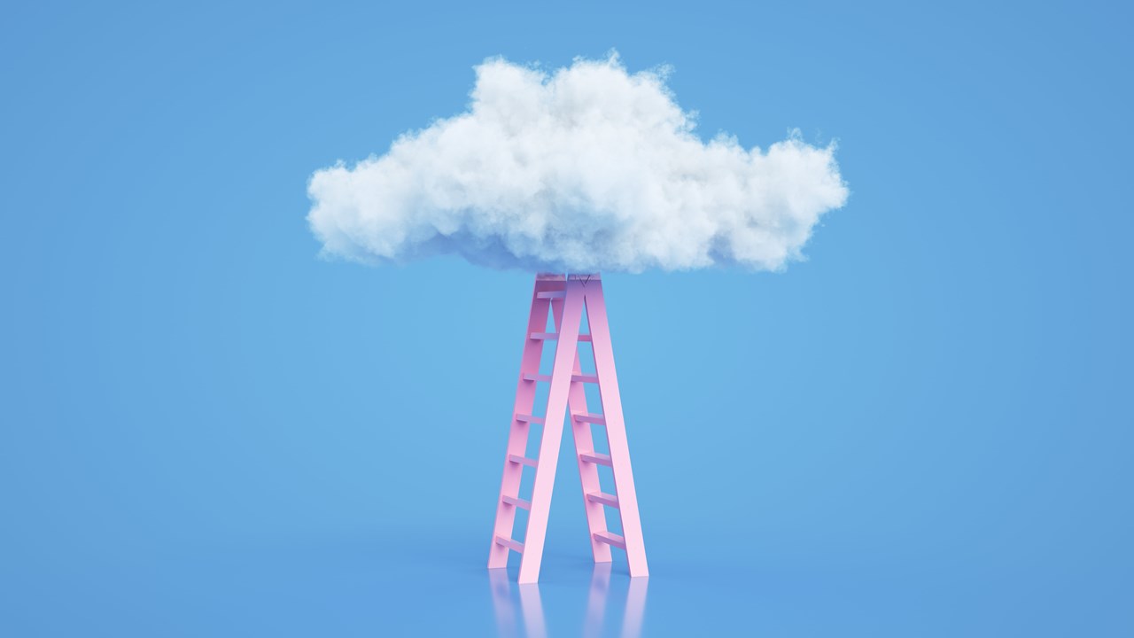 Pink ladder underneath a fluffy white cloud in light blue setting